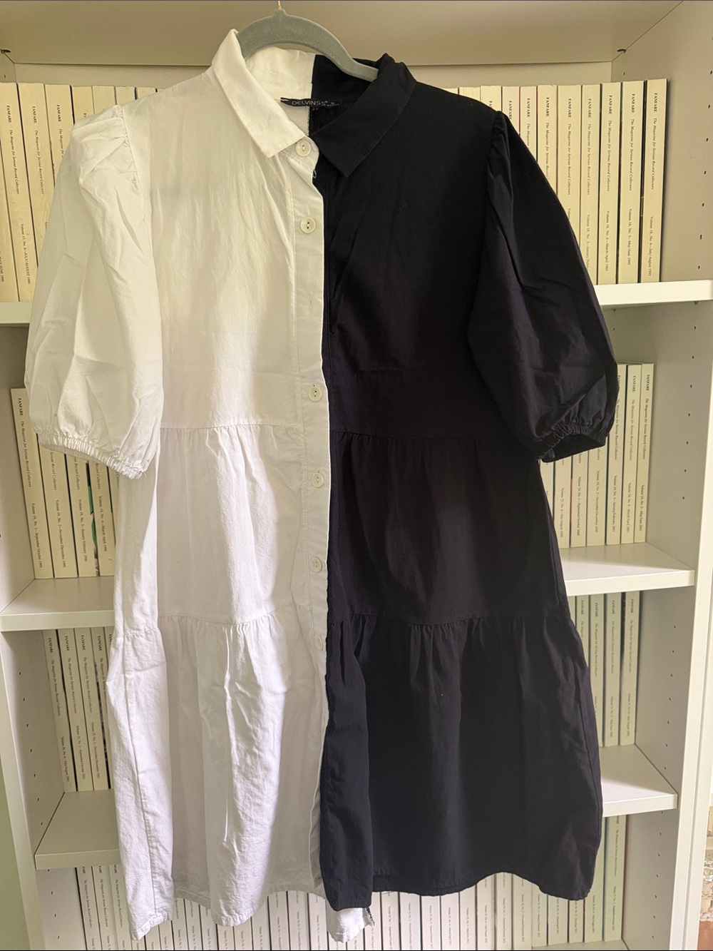Two-Tone Black and White Mini Dress with Puff Sleeves